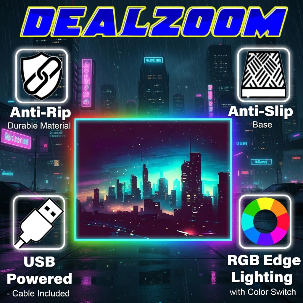 DEALZOOM Gaming Rug RGB LED Light (3x5 Skyline) - Bedroom Gamer Rug Floor Mat Gaming Decor - Kids Room Rug Anti Slip Mat for Gamer Chair – Play Game Room Décor for Teen, Boys, Kids