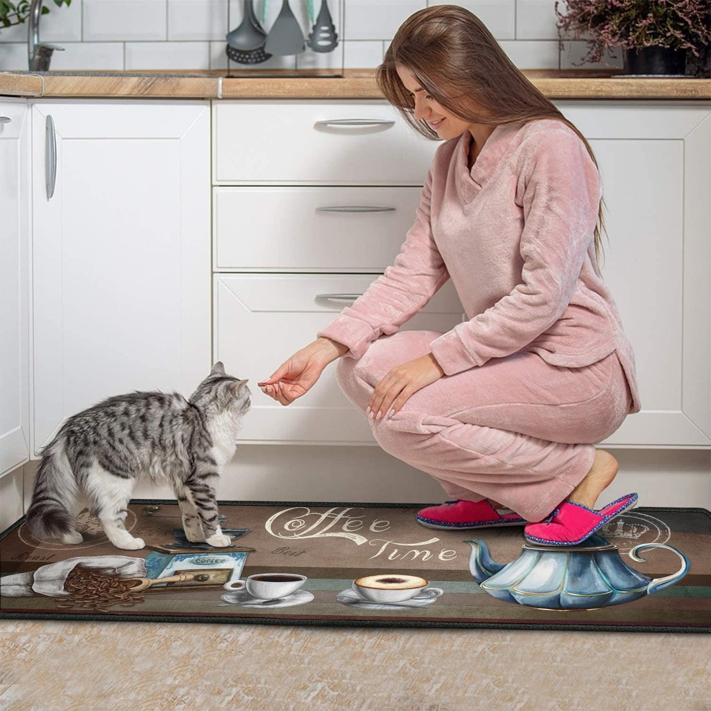 BOOWEATS 2 Piece Coffee Kitchen Decor Rug Set, Home Kitchen Sink Rugs and Mats Non Skid Washable Absorbent Microfiber Kitchen Floor Carpet 17"x47"+17"x30"