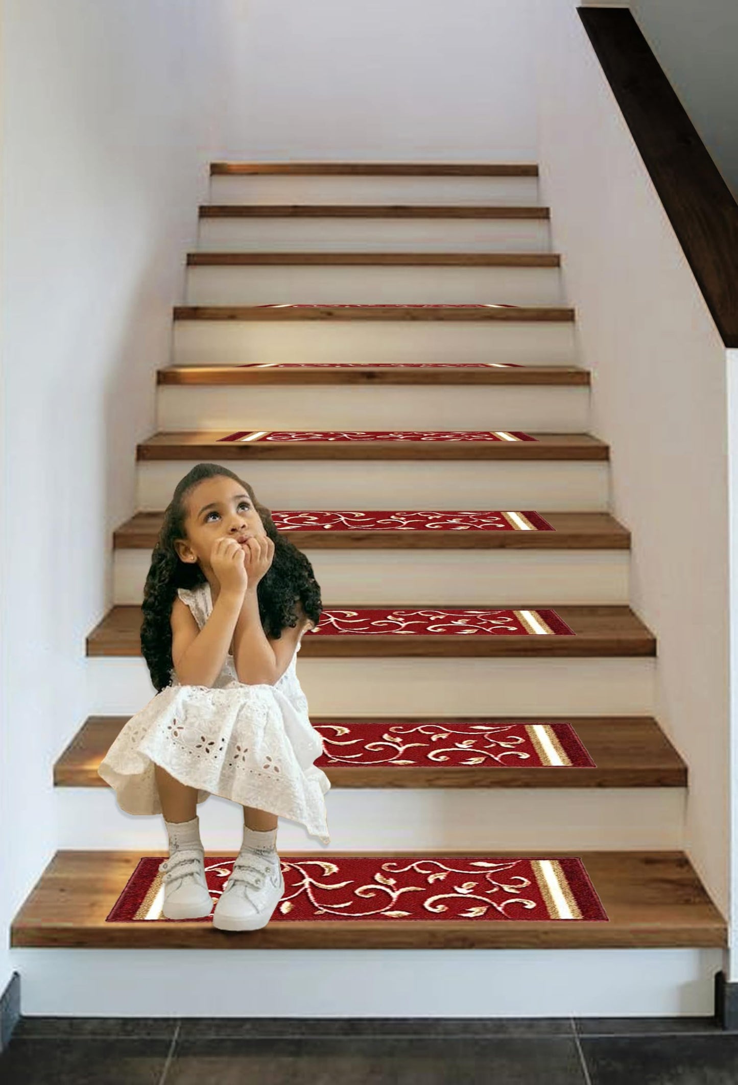 Gloria Non Slip Rubber Back Pet Friendly Floral Design Carpet Stair Treads Stairway mats (13, RED)