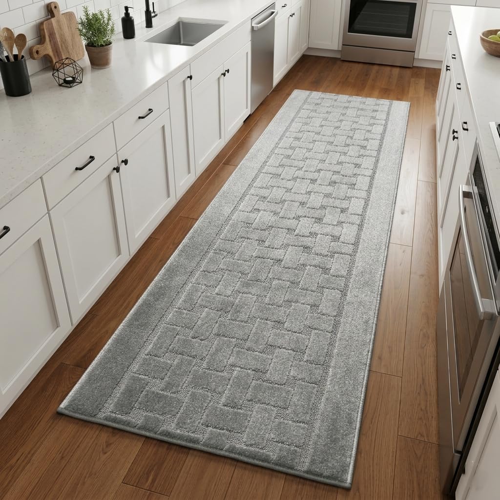 Runner Rug 8 ft, Non-Slip Washable Rug, Grey Textured Carpet for Kitchen Hallway Laundry Entryway, Rubber Backing, Indoor, Rolled in Box (26" x 8'), Custom Size Floor Runner