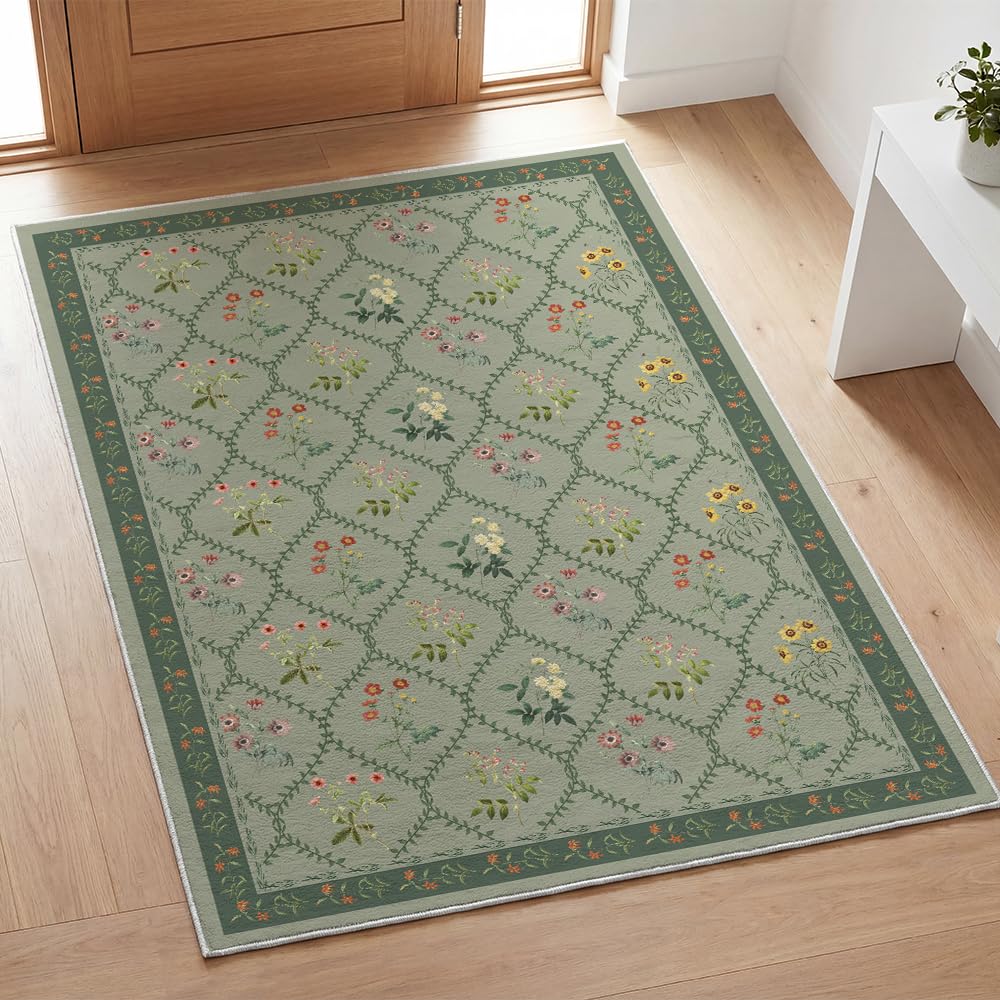 Artoid Mode Green Floral Geometric Modern Summer Area Rug, Spring Home Decor Low-Profile Washable Large Rug for Living Room Bedroom Farmhouse Dining Room Kids Playroom 5x7 Feet