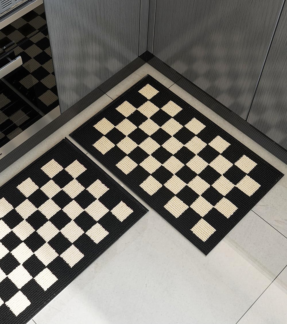 GIB Kitchen Mats for Floor Set of 2, Kitchen Rugs Non Slip/Skid Washable Runner Rugs, Stain Resistant Comfort Standing Mats for Kitchen Laundry Sink Decor, Black Cream Checkered
