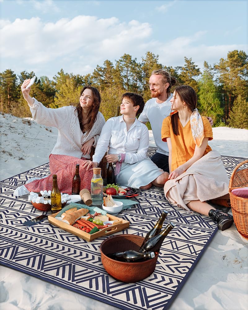 Outdoor Rug Carpet 5x8 ft, Flatweave Textured Outdoor Patio Rug Non Slip Indoor Outdoor Rugs with Rubber Particles Backing Boho Outdoor Area Rug for Patio Deck Front Porch Backyard Balcony, Navy