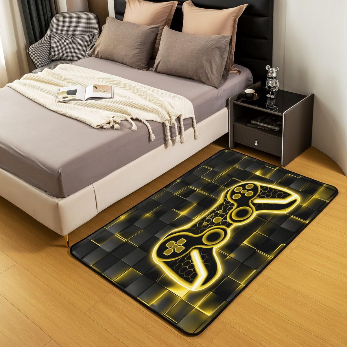 Feelyou Kids Gamer Area Rug 5x7 Yellow and Black Rugs for Living Room Bedroom for Boys Teens Decor Gaming Ombre Decorative Rug Set Geometric Square Indoor Floor Mat