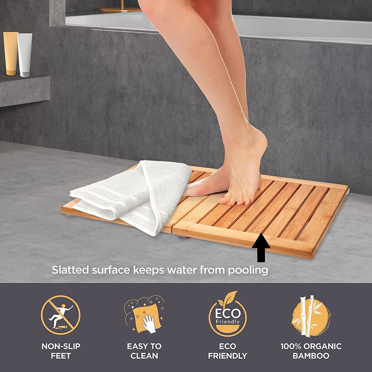 Bamboo Bath Mat - Foldable Wooden Shower Mat, Non-Slip Bamboo Bathroom Mat for Indoor/Outdoor Use, Spa & Sauna Floor Mat, Wood Bath Mat 24" x 18"