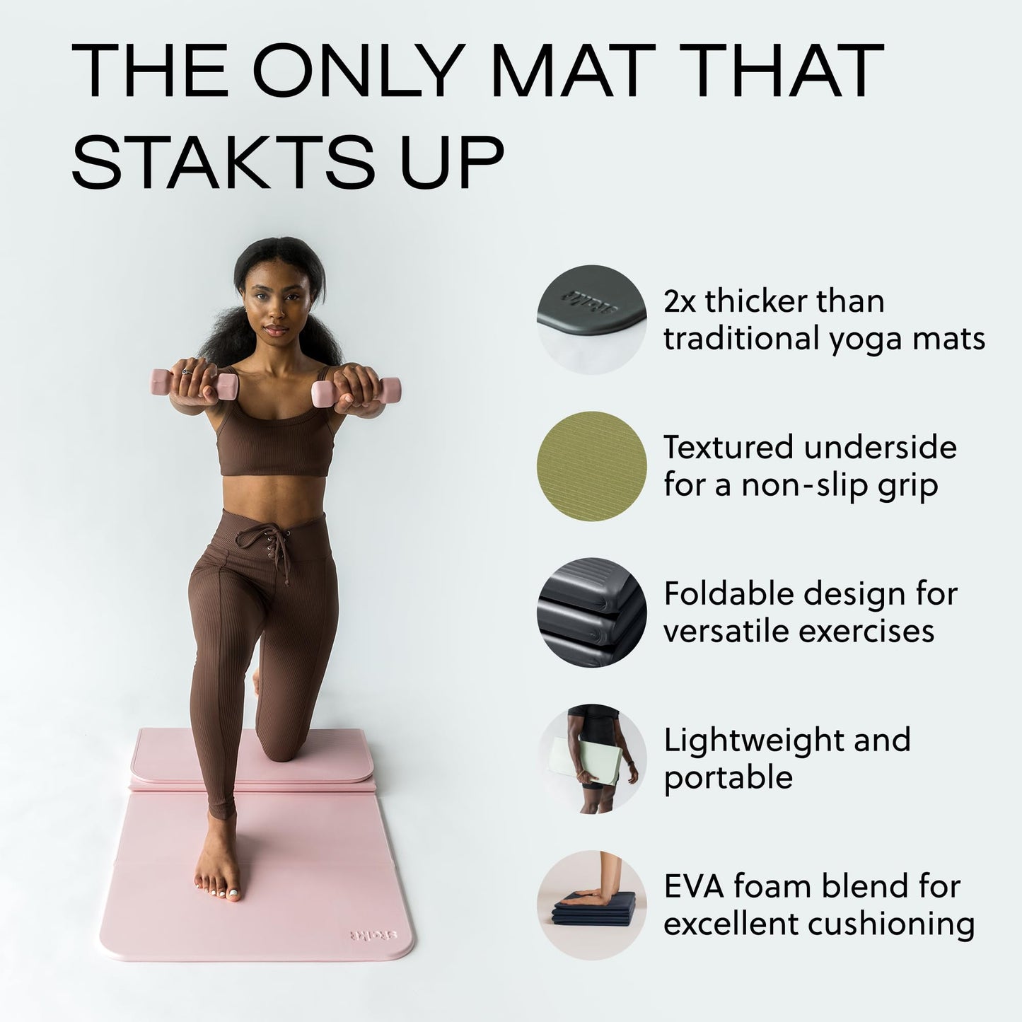 Stakt – Foldable Multi-Purpose Fitness & Yoga Mat with Patented Design, Workout Mat with Non-Slip Surface, Portable & Lightweight, For Studio or Home Use, As Seen on Shark Tank (Rosewater)