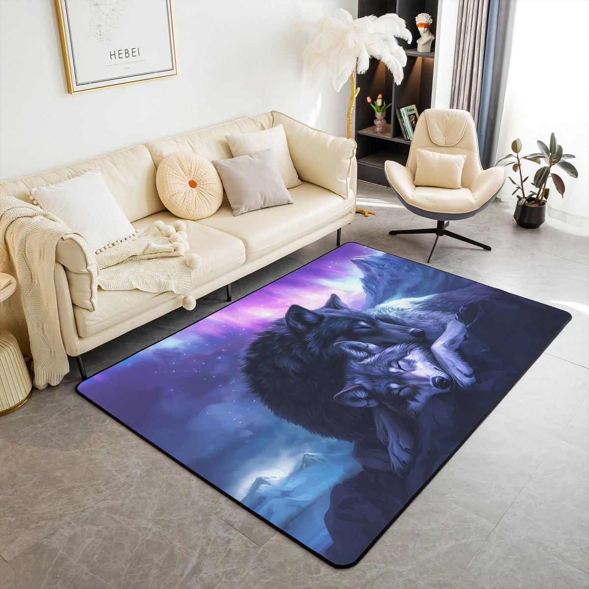 Castle Fairy Wolf Animal Area Rug 5x7 Sleeping Wildlife Wolves Decorative Rug for Kids Teens Adults Ombre Purple Aurora Rugs for Living Room Bedroom Western Rustic Decorative Rug