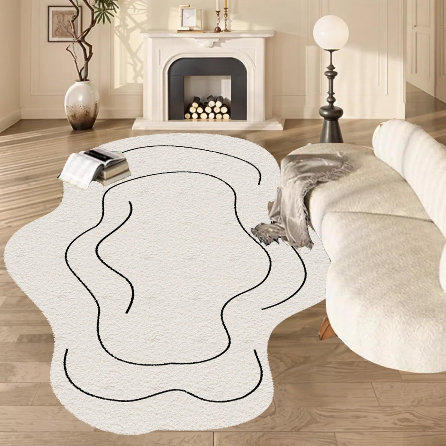 ZLXMN Washable Off-White Irregular Rug 5x6ft Indoor Soft Thin Plush Abstract Shaped Rug Unique Designer Simple Anti-Slip Carpet Suitable for Living Room Bedroom Lounge Area Home Decor