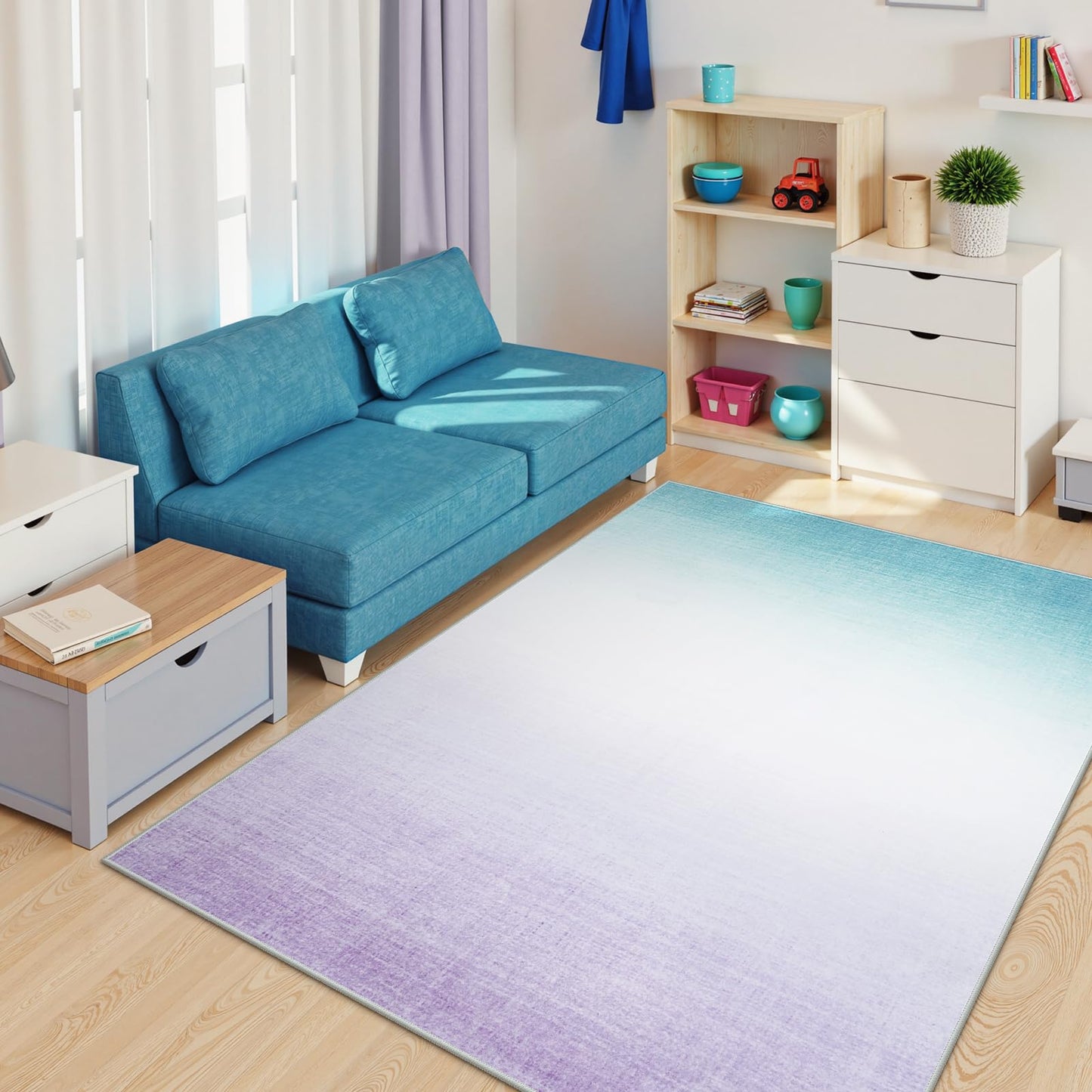 Machine Washable 5x7 Area Rugs for Living Room Ombre, Non Slip Purple Soft Low Pile Abstract Modern Cute Girls Rugs for Bedroom Indoor, Large Carpet Playroom Nusrery Kids Dining Office Room Rugs