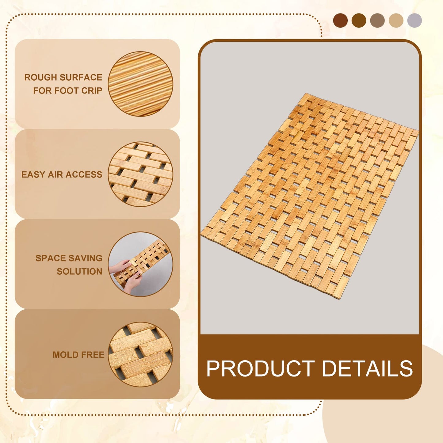 2 Pcs Bamboo Bath Mat Bathroom Rugs Floor Wood Shower Mat Non Slip Waterproof Wooden Shower Rug with Nonskid Silicone Pads for Bathroom Floor Spa Bathtub Kitchen(24 x 16 inches)