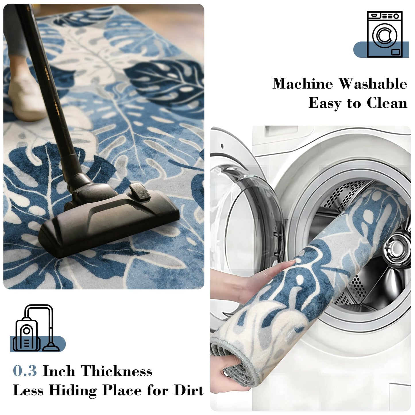 Wonnitar Leaf 2x3 Kitchen Rug, Small Bathroom Blue Rug, Washable Bedside Accent Mat, Monstera Plant Coastal Non-Shedding Soft Entryway Floor Carpet for Laundry Room Entrance Bath