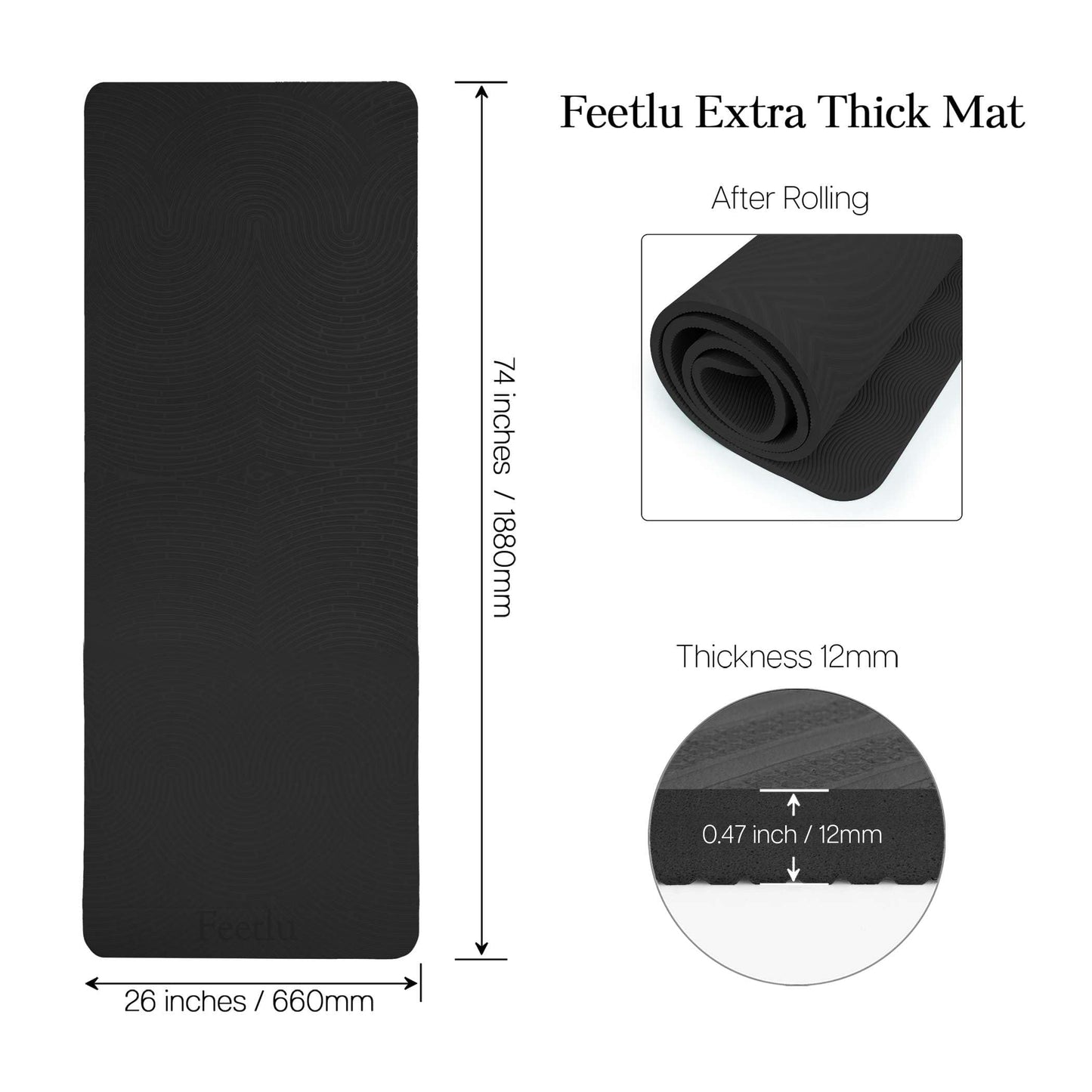Feetlu Extra Thick 12mm Exercise Mat – 74"L x 26"W Inch, Non-Slip, Joint-Friendly & Cushioned Fitness Mat for Yoga, Pilates & Floor Workouts – Durable, Supportive & Includes Feetlu Classic Strap (Black)