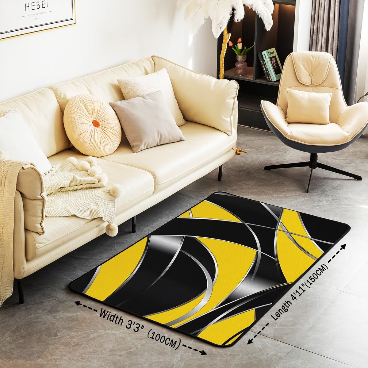 Manfei Modern Geometric Area Rug Yellow and Black Indoor Floor Mats Entrance Rugs for Kids Boys Girls Room Decor,Abstract Stripes Lines Non Slip Absorbent Carpets, 6'6" x 4'11" (Rectangular)