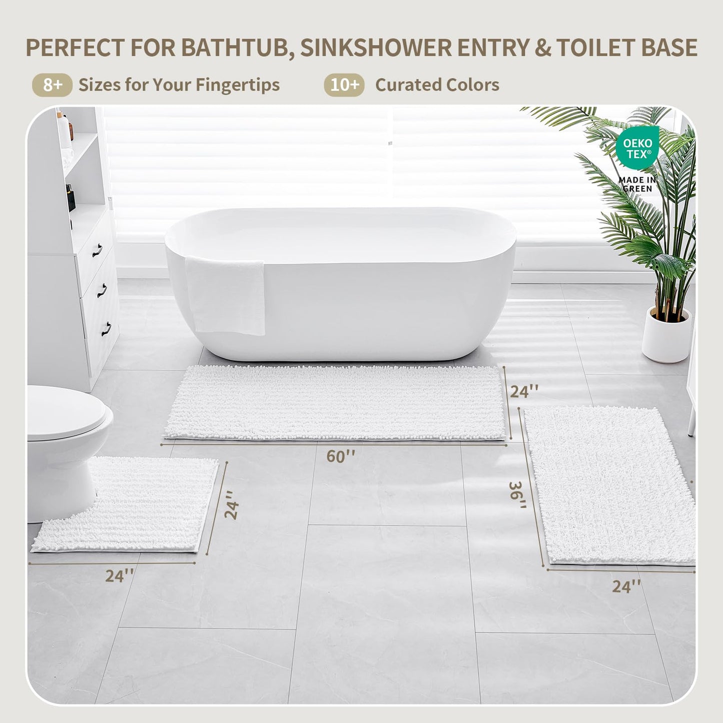 Ruggnovea Bathroom Rugs Non Slip Washable 32x20, Extra Thick Soft Chenille Absorbent Bath Mat, High Density Barrier Non Slip Backing, Quick Dry Plush Shaggy Floor Carpet for Tub&Shower, White