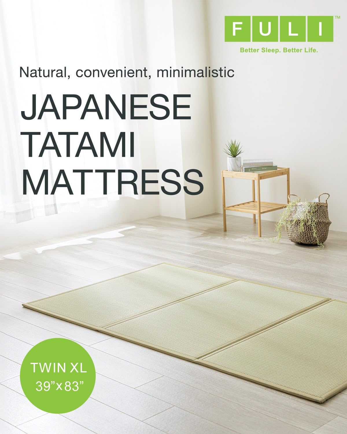 FULI Japanese Tatami Mattress, Foldable Igusa Rush Grass Tatami Rug, Natural Japanese Floor Mattress Mat Made in Japan, Twin XL