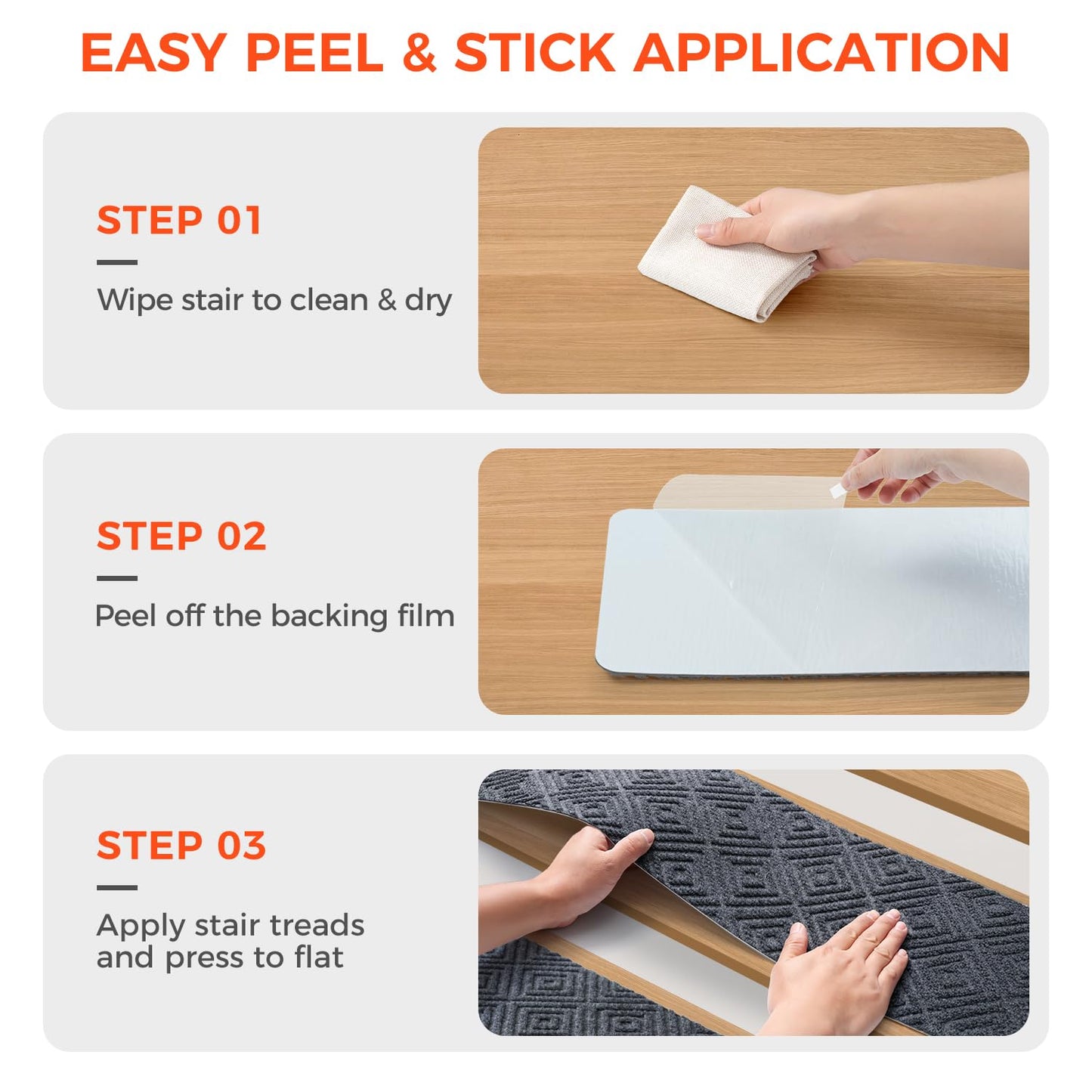 BAGAIL 15 Pack Non-Slip Stair Treads for Wooden Steps, 8"x30" Peel and Stick Carpet Stair Runners, Machine Washable Indoor Step Covers with No-Residue Adhesive for Dogs, Kids & Elderly - Dark Gray