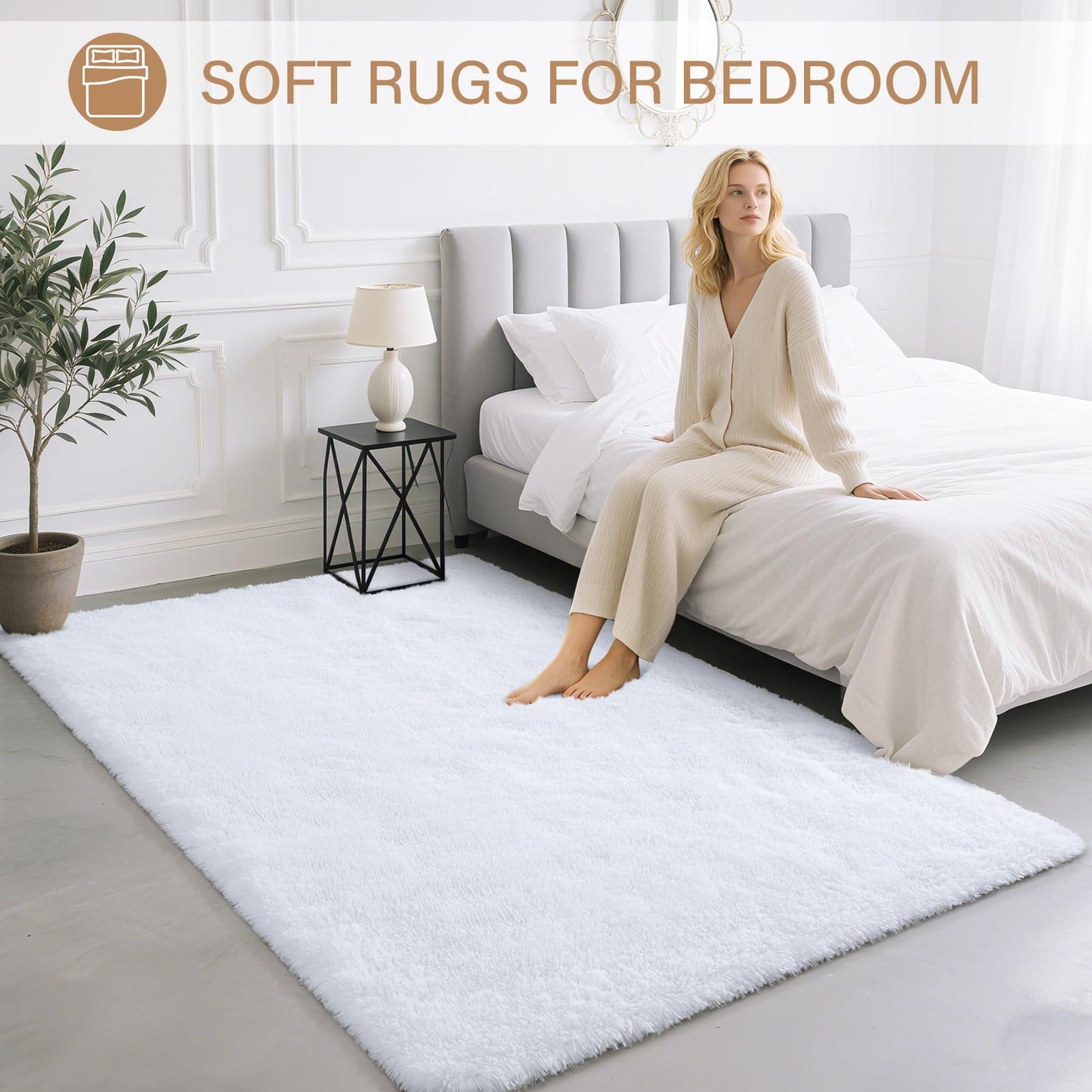 BENRON Fluffy White Rugs for Living Room Bedroom 4x6, Soft Plush Fuzzy Shaggy Rugs for Kids Girls Boys Room Decor, Washable Indoor Floor Carpets