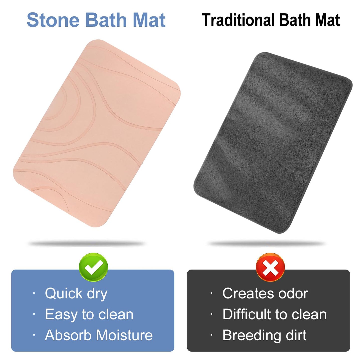 HUMIGA Stone Bath Mat, 2 Pack Diatomaceous Earth Shower Mat, Non-Slip Super Absorbent Quick Drying Bathroom Floor Mat, 24x15, Pink