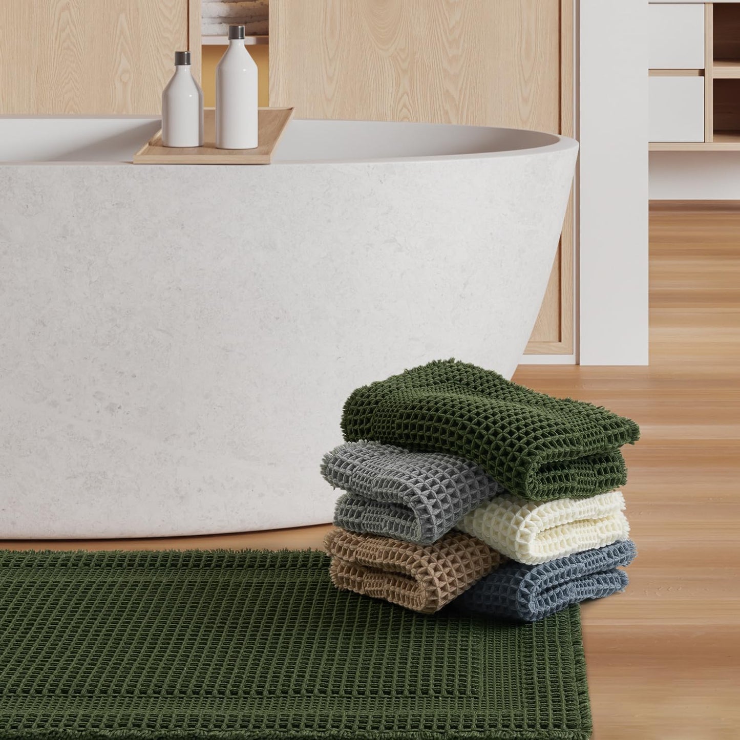 AMOAMI Waffle Bath-Mat, Absorbent Bath Mats for Bathroom Non Slip, Machine Washable Bathroom Rugs with Tassels Ultra Soft Boho Bath Rugs for Floor 2'x6'(24"x72") Dark Green