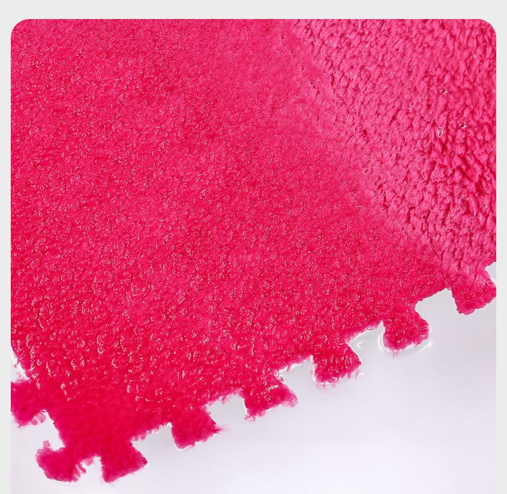 ZuTKekon 12-Pieces Square Interlocking Shaggy Soft EVA Foam Puzzle Play Mats Fuzzy Carpet Fluffy Area Rugs Set Tiles Plush Play Mat for Home Bedroom Playroom (Black + red,12 * 12inches)