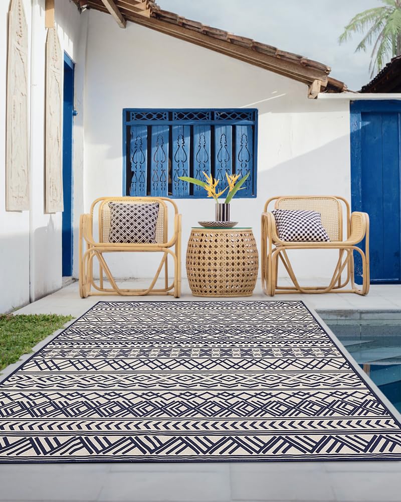 Outdoor Rug Carpet 5x8 ft, Flatweave Textured Outdoor Patio Rug Non Slip Indoor Outdoor Rugs with Rubber Particles Backing Boho Outdoor Area Rug for Patio Deck Front Porch Backyard Balcony, Navy