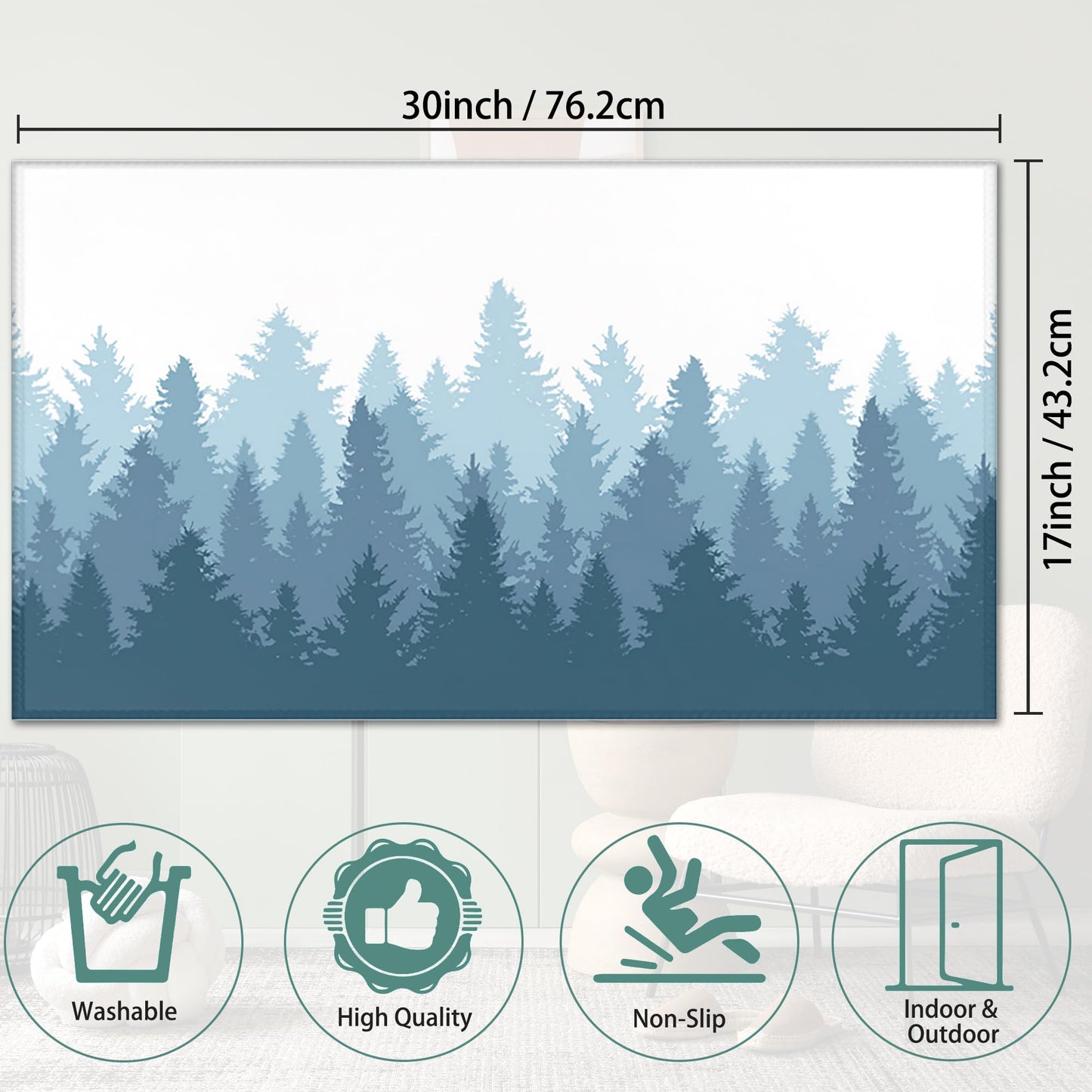 IGPPDO Mystery Winter Forest Welcome Mat, 17" x 30", Non-Slip, Water-Resistant, Polyester, Forest Theme, Medium Pile, Machine Washable, Rectangular, Both Indoor & Outdoor