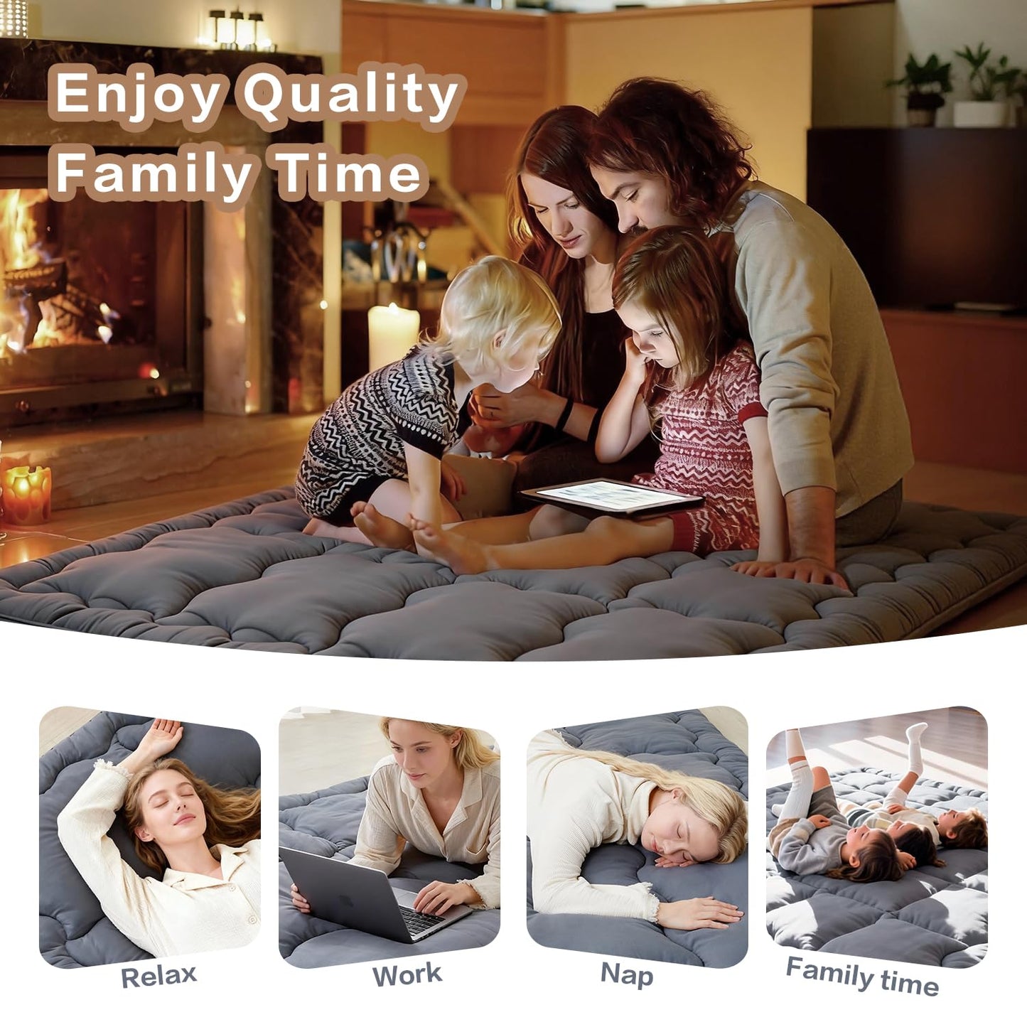 SAPHREAS Japanese Futon Mattress Floor Mattress Full, Foldable Roll Up Bed Mattress Topper with Elastic Straps, Tatami Mat Sleeping Pad for Camping, Grey