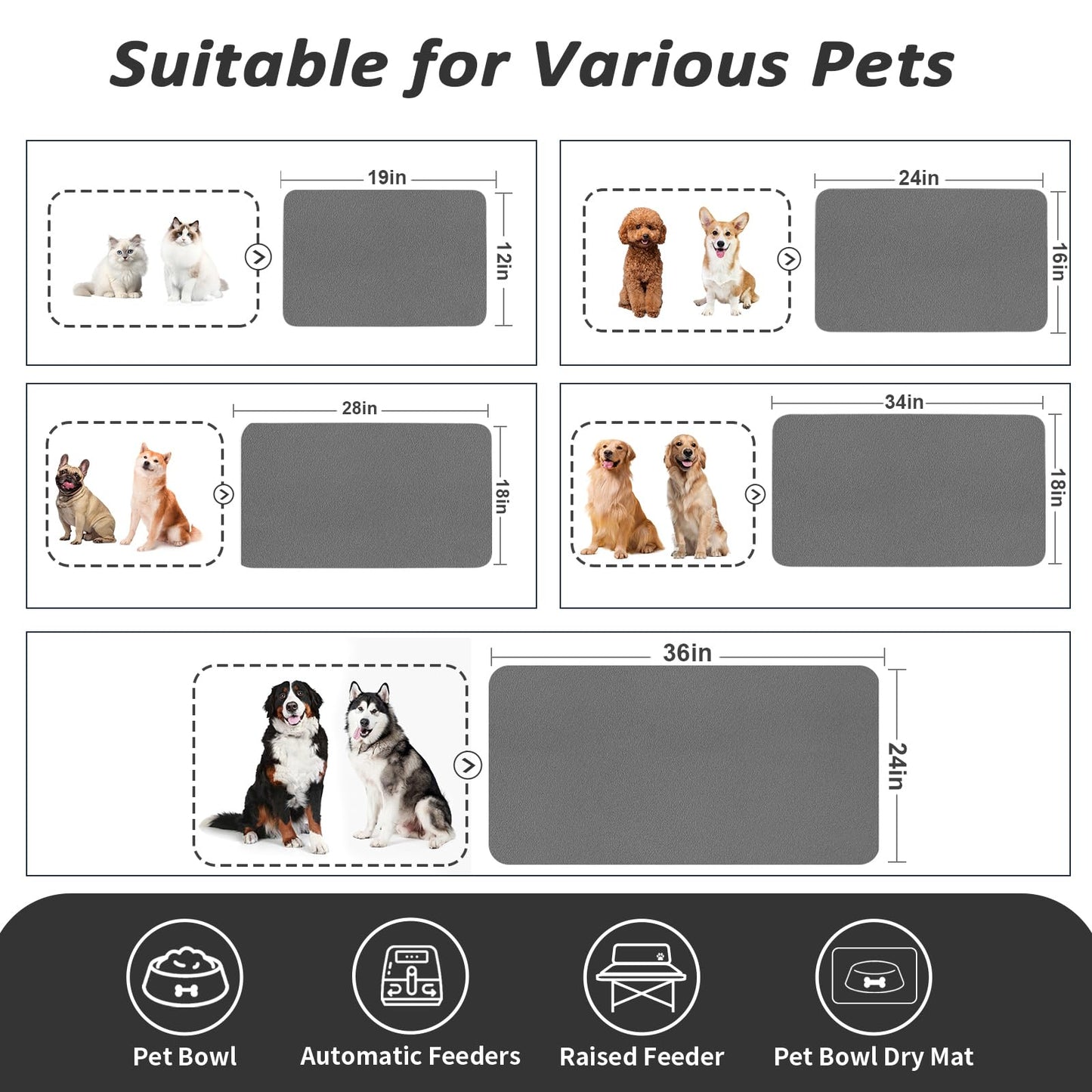 HotLive Dog Food Mat - Absorbent Cat Mat for Food and Water, No Stains Pet Feeding Bowl Mat, Easy to Clean Pet Placemats, Quick Dry Dog Water Dispenser Mat for Messy Drinkers | Dark Grey 12"x 19"