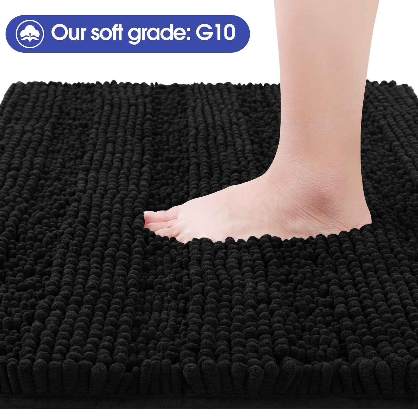 ACCUMTEK Striped Black Bathroom Rug Mat 32"x20" Ultra Soft, Non Slip Chenille Bath Rugs, Absorbent Plush Shaggy Bath Mats for Bathroom, Bedroom, Kitchen, Shower, Tub