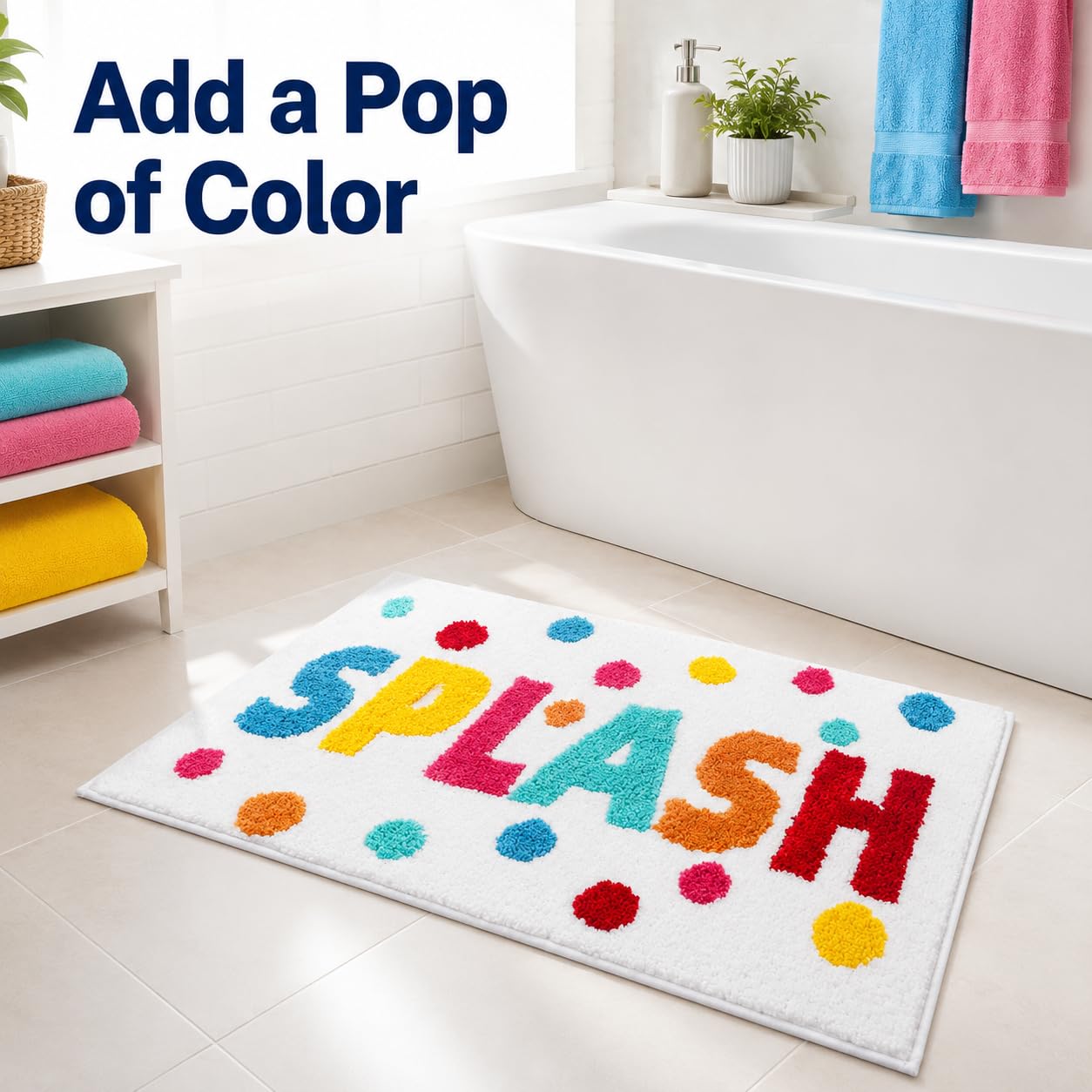 HAIWAOO Splash Bathroom Rug 17x24, Soft Colorful Letter Bath Mat, Absorbent Microfiber Bath Rug with Non Slip Backing, Machine Washable Rug for Kids and Family Bathroom, Tub, Shower, Sink