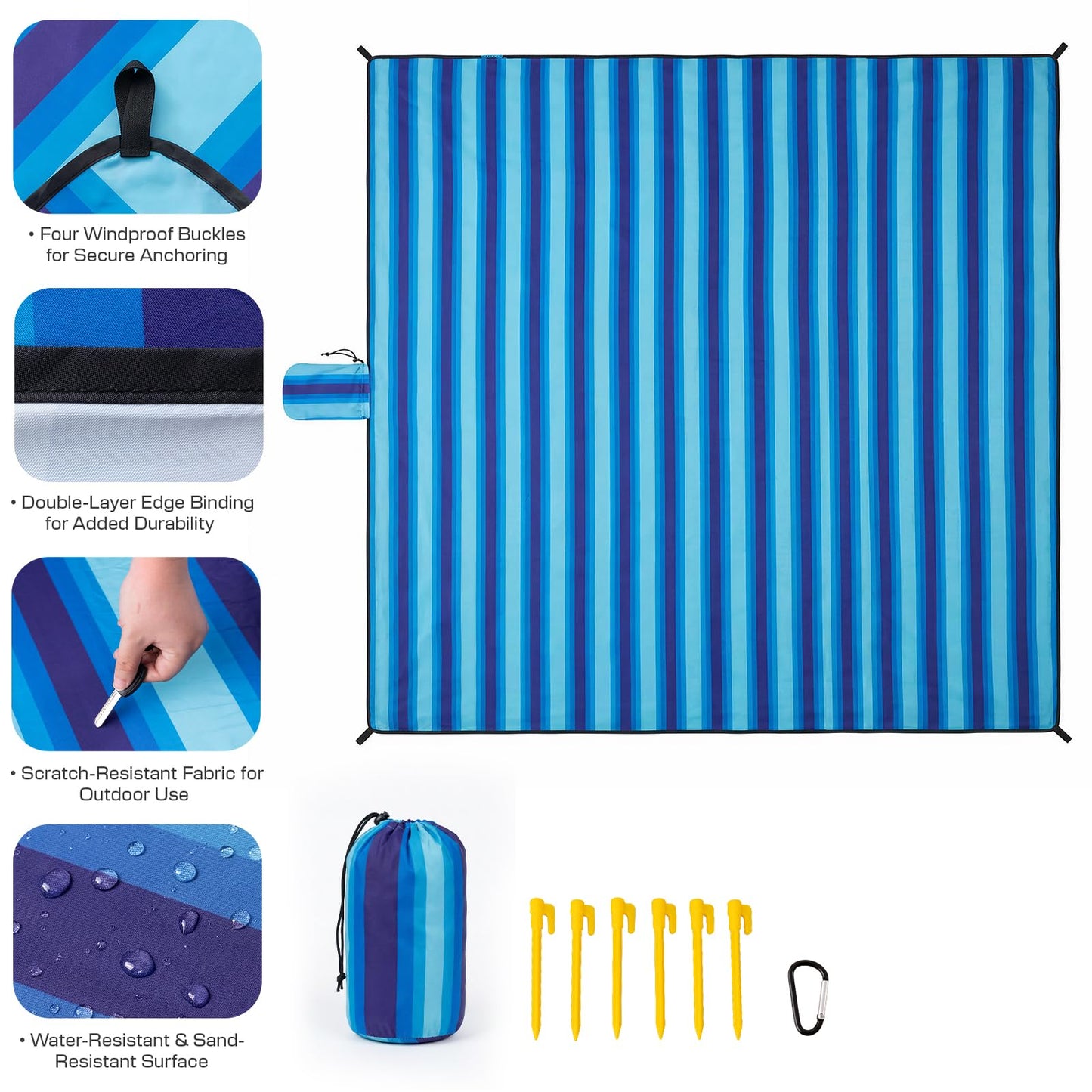 Beach Blanket Waterproof Sandproof - Oversized Extra Large Beach Mat for 3-4 People, Lightweight Sand Free Mat for Summer Vacation with 6 Stakes & 4 Corner Pockets for Beach, Camping 7x7ft Blue Stripe