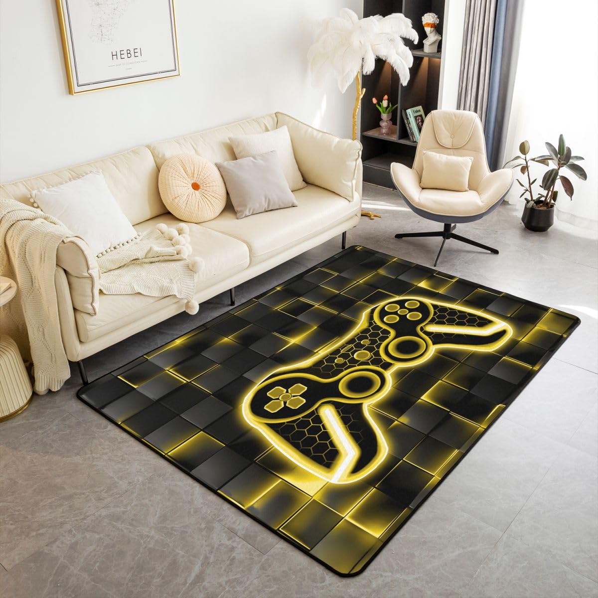 Feelyou Kids Gamer Area Rug 5x7 Yellow and Black Rugs for Living Room Bedroom for Boys Teens Decor Gaming Ombre Decorative Rug Set Geometric Square Indoor Floor Mat