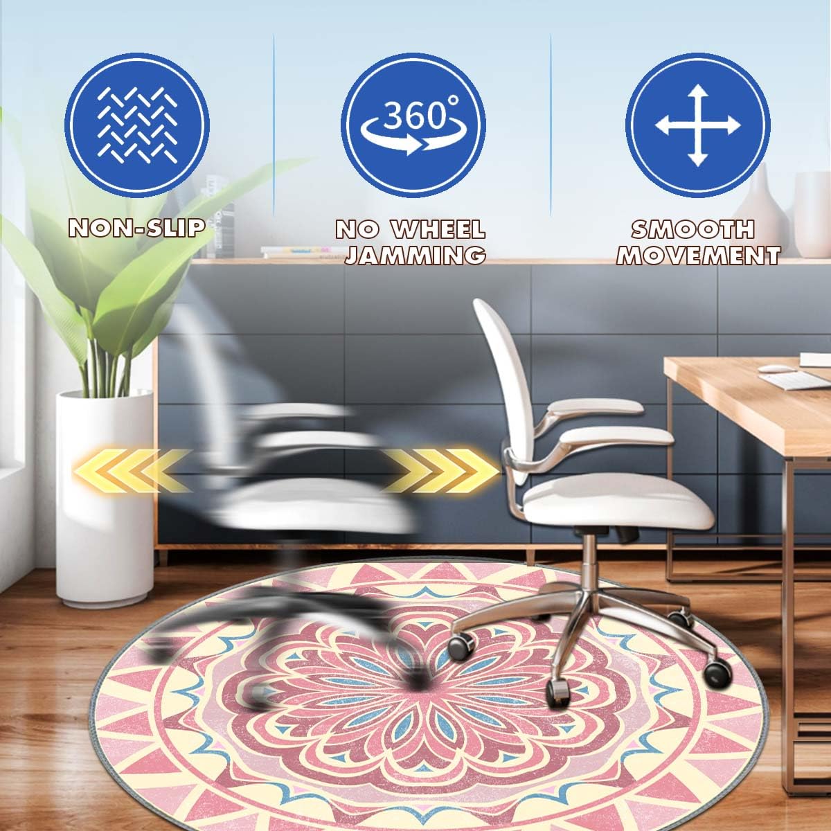 Office Short Pile Chair Mat, Non-Slip Noise-Reducing Desk and Chair Rug, 47 Inch Round Mat, Office、Study Decorative Rug for Wood Floors, Laminate and Ceramic Tiles (Mandalas)
