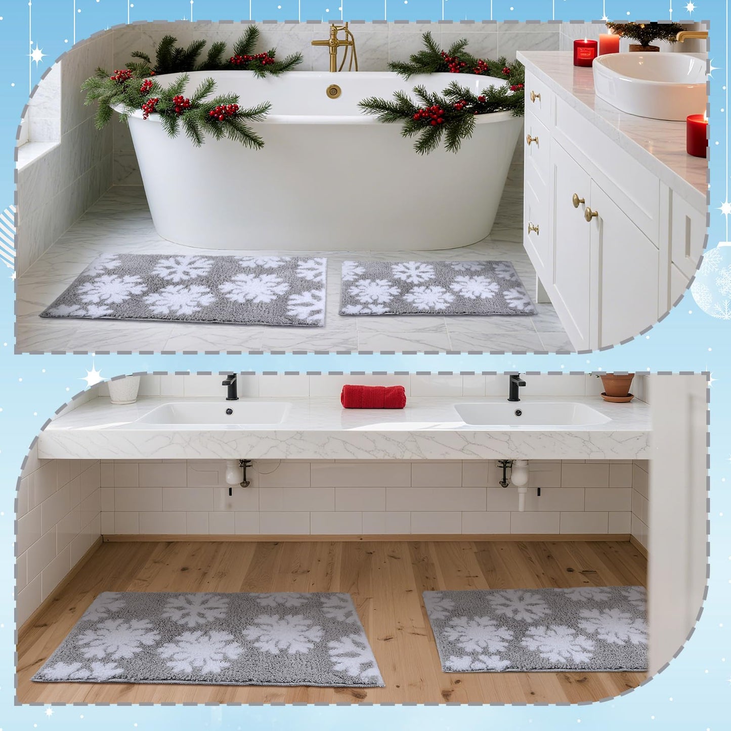 Dunzy 2 Pcs Winter Snowflake Bath Mat Winter Non Slip Soft Microfiber Bathroom Rugs New Year Area Rug for Tub Shower Room Floor, 20 x 32 Inches, 17 x 24 Inches