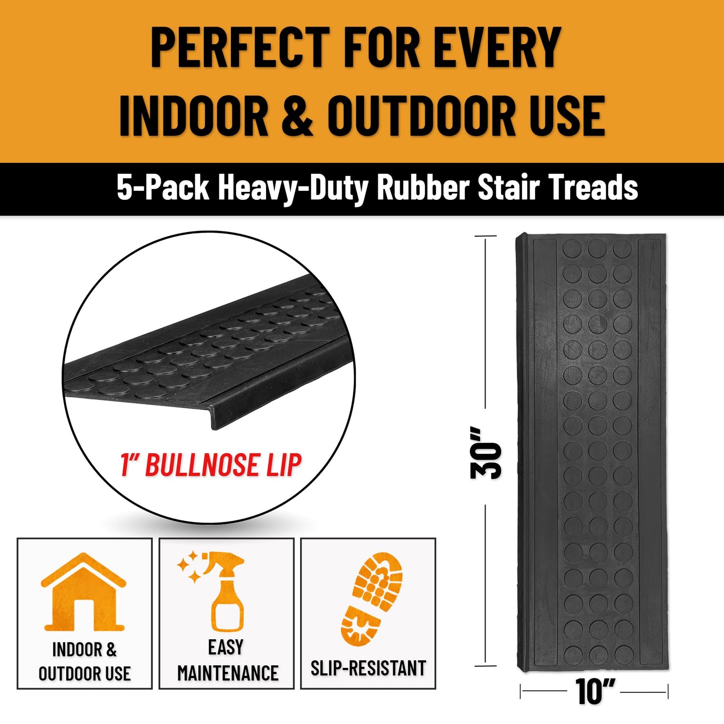 Ottomanson Outdoor Bullnose Stair Treads – Coin Heavy-Duty Non Slip Stair Mats – Strong Grip for Concrete, Brick & Textured Steps – Requires Fastening on Wooden & RV Steps, Pack of 5