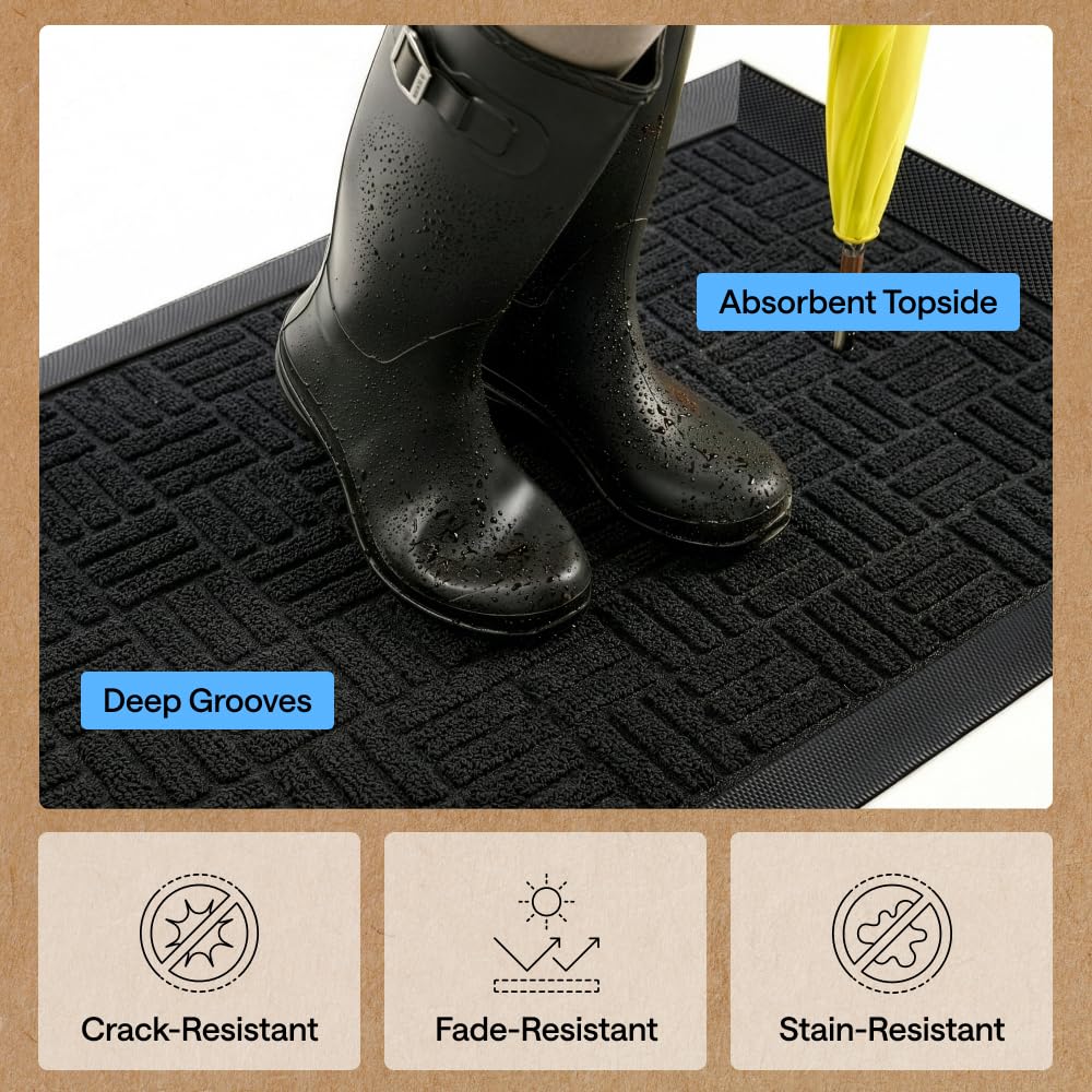 GORILLA GRIP 100% Waterproof All-Season WeatherMAX Doormat 35x23, US Designed Natural Rubber, Stain and Fade Resistant, Low Profile Indoor Outdoor Door Mats, Easy Clean Patio Mat, Black Maze