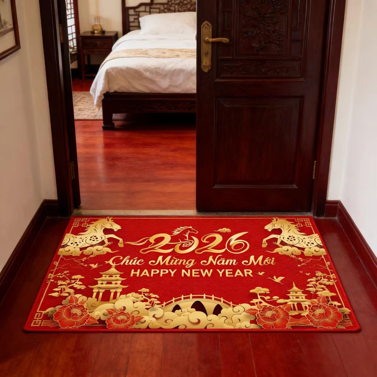 KYMY 2026 Vietnamese New Year Floor Mat – 35.4 x 23.6 inch Spring Festival Anti-Slip Welcome Door Rug for Tết Việt NAM, Diatomaceous Earth Bath Mat for Vietnam Lunar New Year Home Decorations