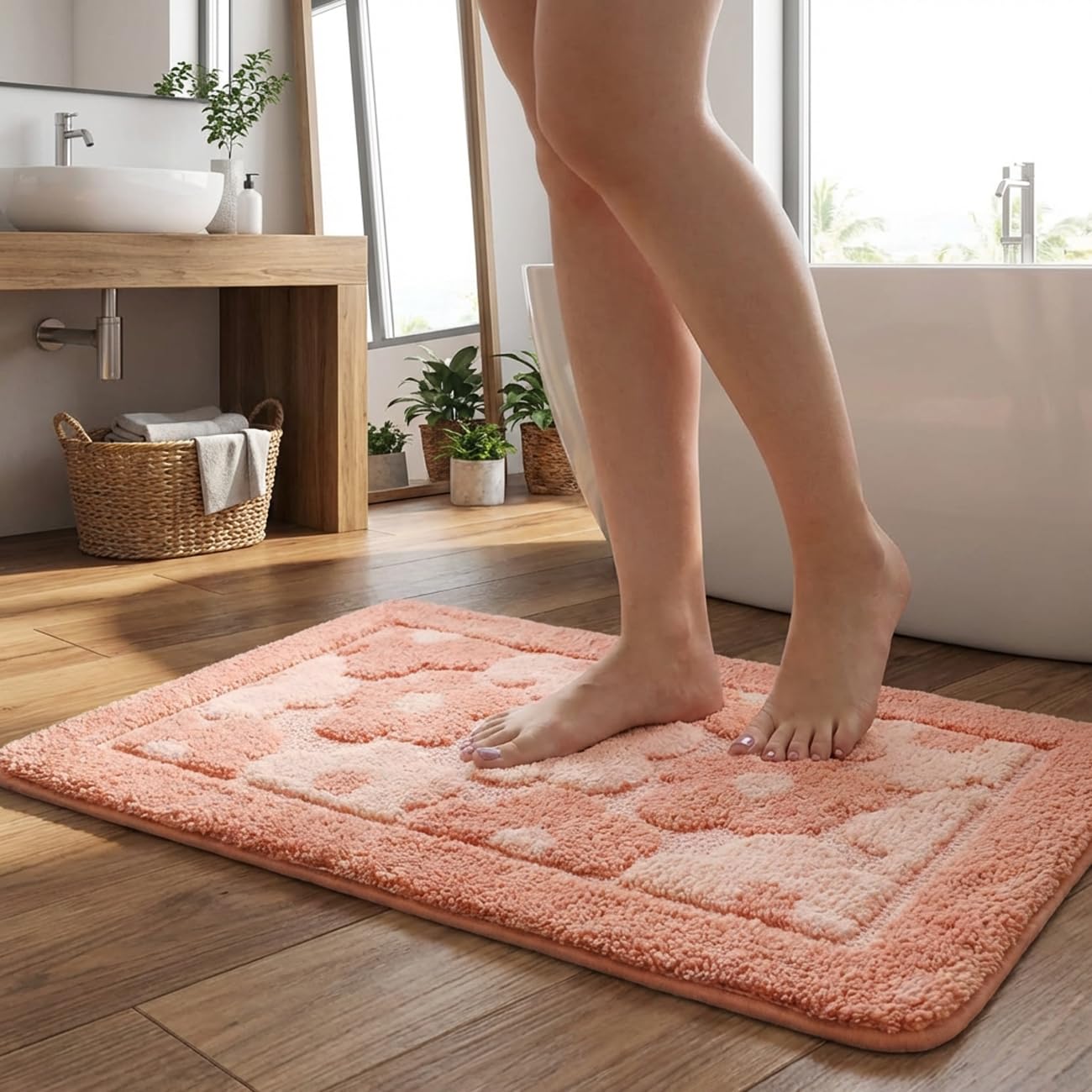 Pink Flower Bath Mat Cute Bathroom Rugs Lovely Shower Bathtub Mat Microfiber Soft Welcome Doormat Non-Slip TPR Backing Shower Rug Plush Shaggy Bath Carpet, 20x32