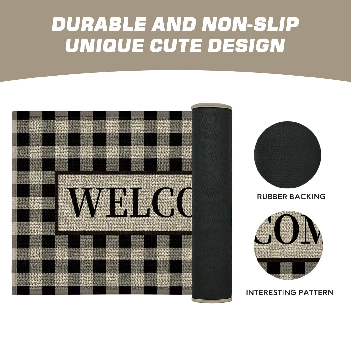 Artoid Mode Plaid Pattern Welcome Washable Doormat, Seasonal Decor Non Slip Low-Profile Absorbent Natural Rubber Back Door Mat 17x29 Inch