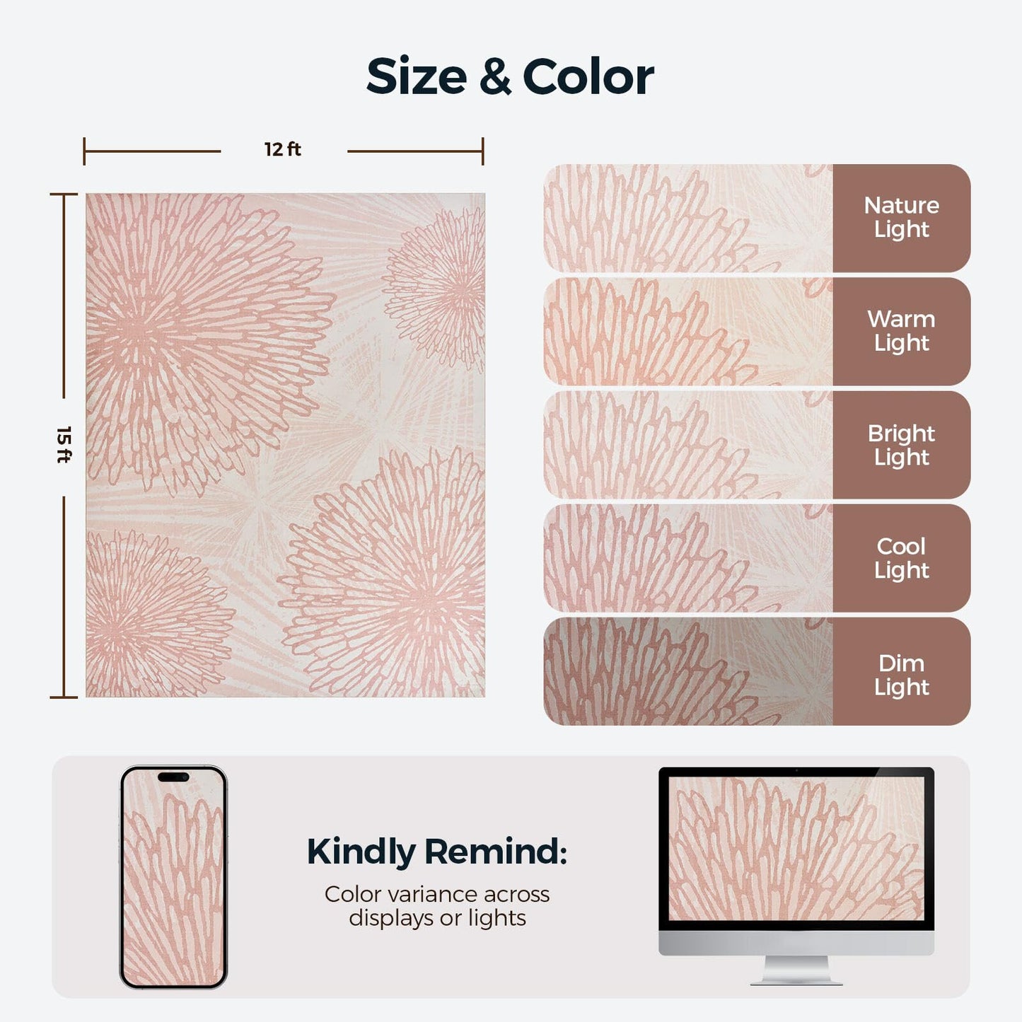 Pink Rugs for Bedroom Girls: 12x15 Modern Large Washable Soft Cute Boho Floral Pattern Area Rug Neutral Indoor Floor Non-Slip Carpet for Living Room Dining Nursery Kids Playroom Baby Room House Decor