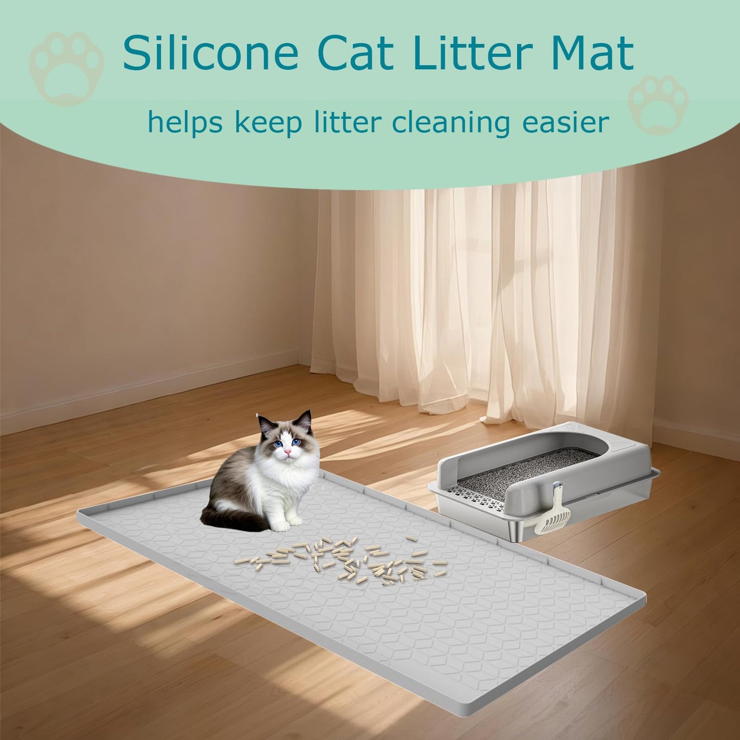 Jacooxi Cat Litter Mat for Litter Box, Silicone Large Cat Litter Trapping Mat - 28x22 in, Waterproof & Non-Slip, Durable & Easy Clean, Light Gray
