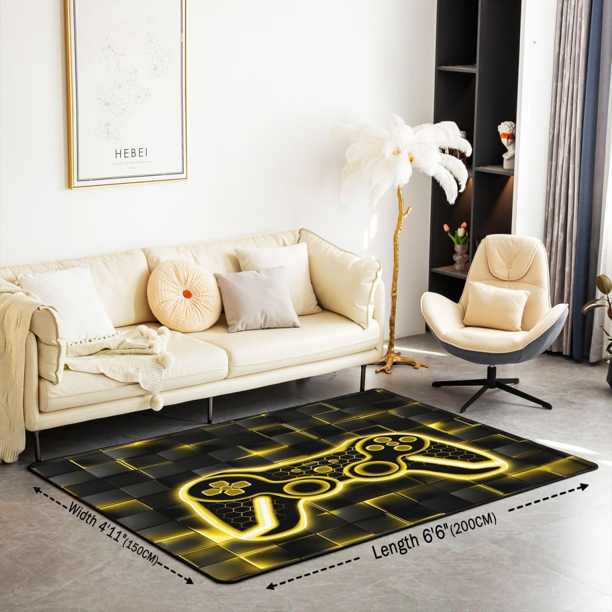 Feelyou Kids Gamer Area Rug 5x7 Yellow and Black Rugs for Living Room Bedroom for Boys Teens Decor Gaming Ombre Decorative Rug Set Geometric Square Indoor Floor Mat