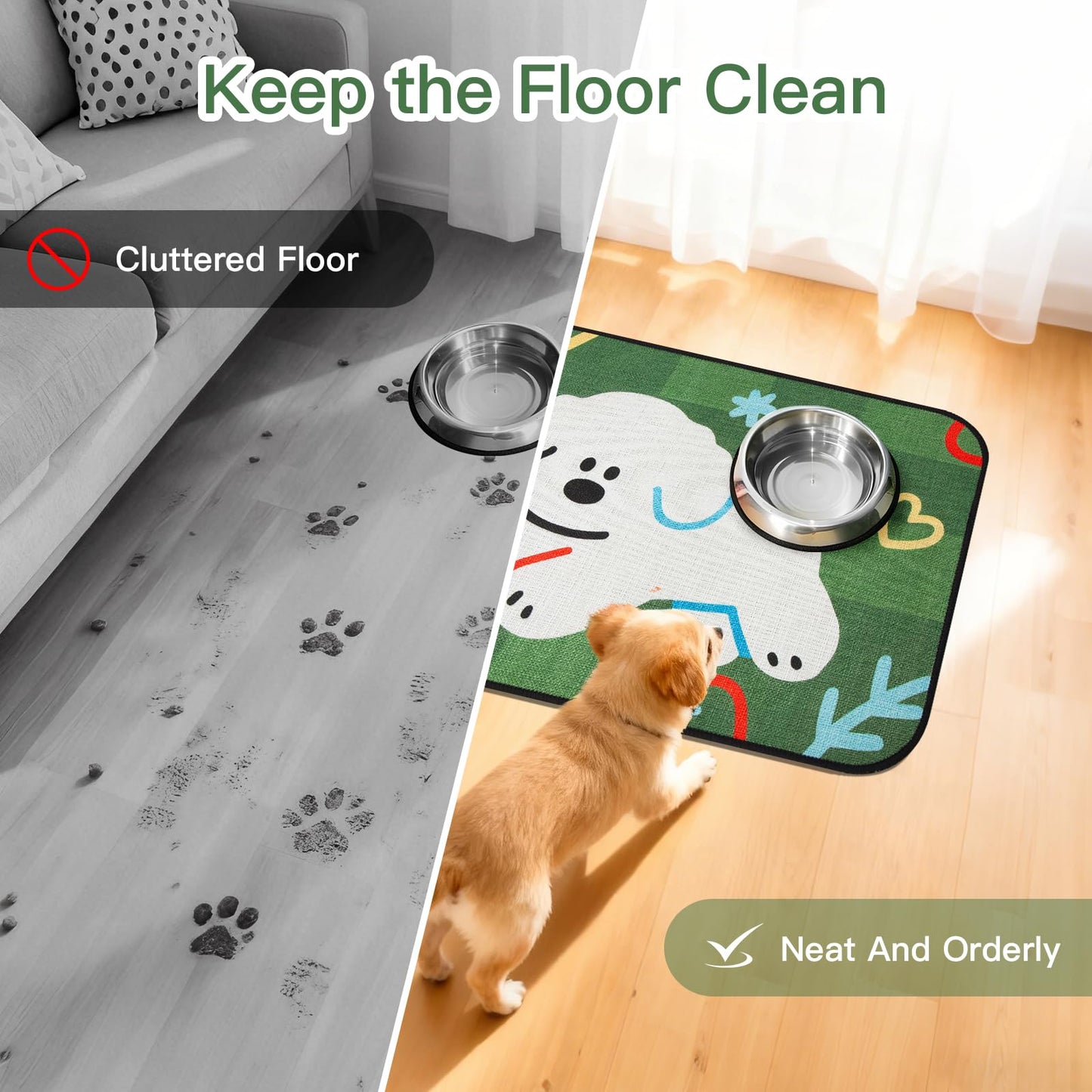 Rarenut Dog Food Mat Absorbent Dog Bowl Mat for Food and Water 24’’x16’’ Linen Dry Dispenser Mat Dog Supplies for Messy Drinkers - Running Puppy