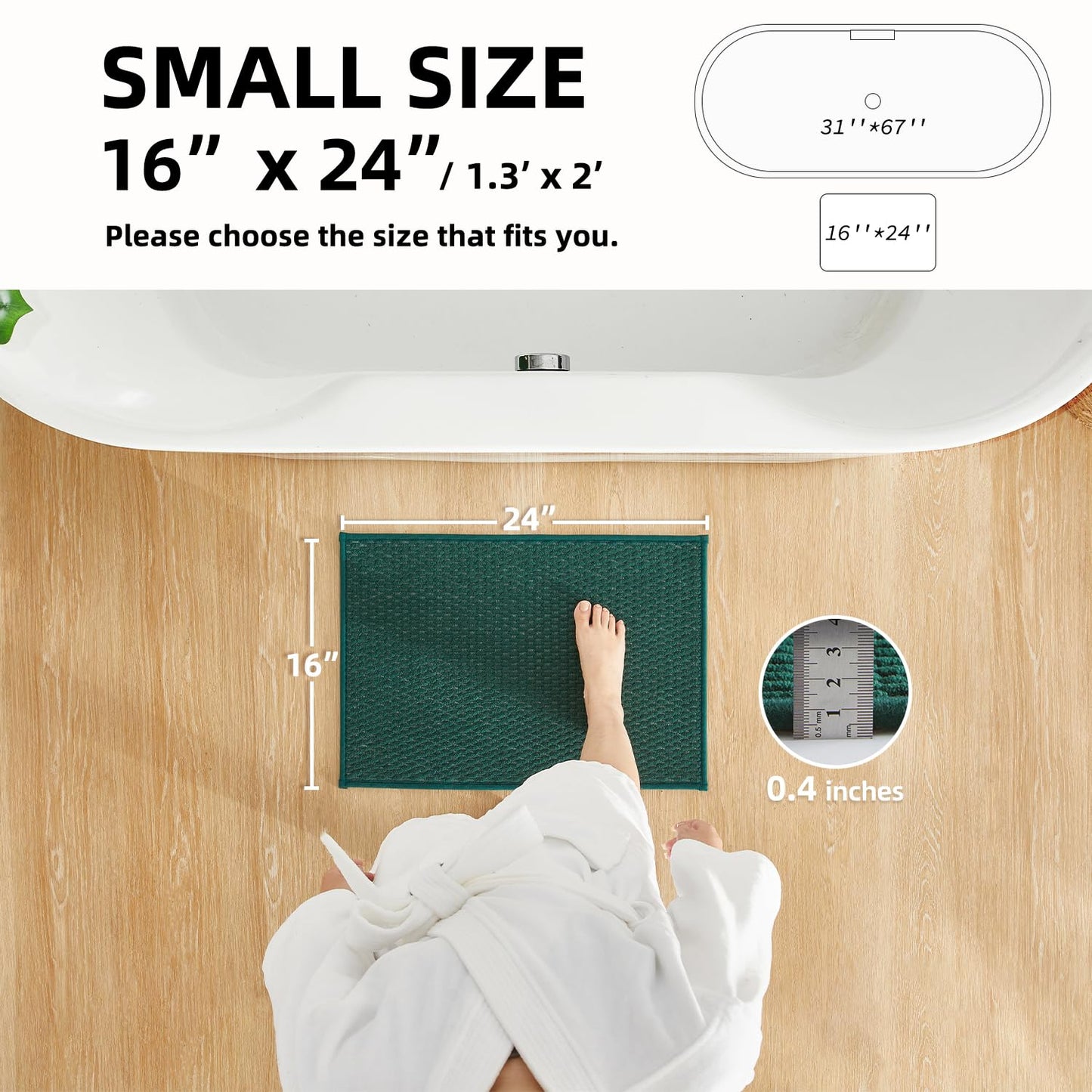 TYUU Bathroom Rugs Non Slip Washable, Super Absorbent Thin Bath Mat Small Quick Dry Low Pile Bathroom Rug, Dark Green 16"x24"