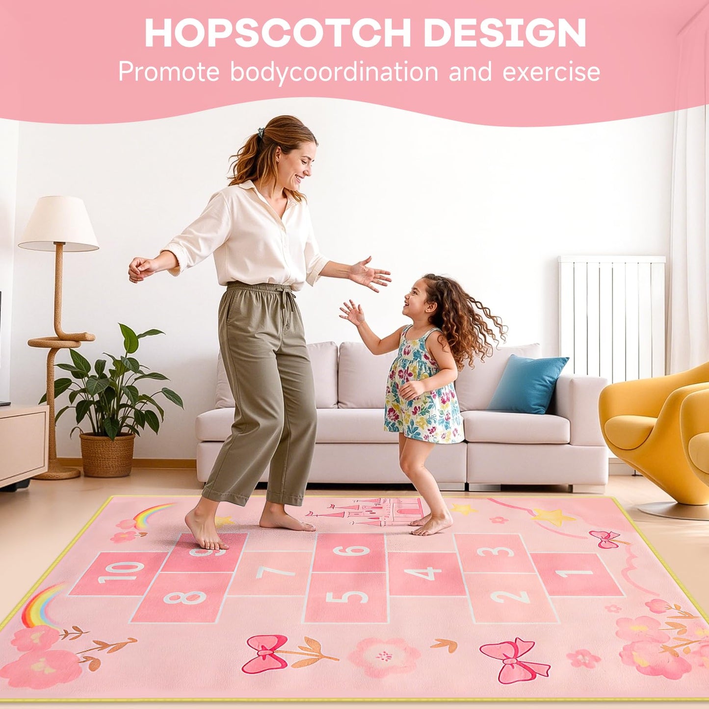 JinKune Area Rug Kids Rug 4'x 6', Hop and Count Hopscotch Rug for Kids, Pink Fantasy Castle Themed Non-Slip Washable Play Carpet, Educational Number Game Mat for Girl's Bedroom Playroom Classroom