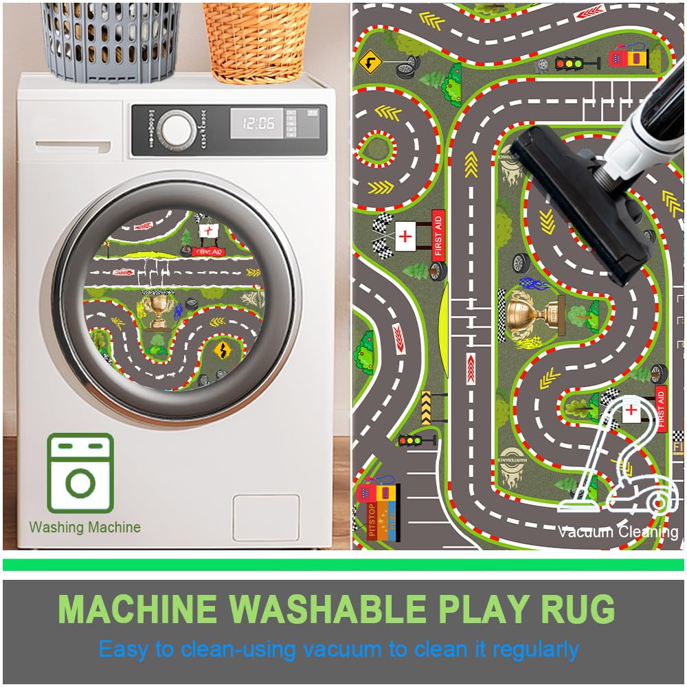 Pyrrhite Kids Rug, Race Track Playmat Rugs 47×31 in Kids Carpet with Rubber Backing, Start and Finish line Racing Track Marking Car Road Race 3D Play Mat Nursery Rugs for Children Bedroom Playroom