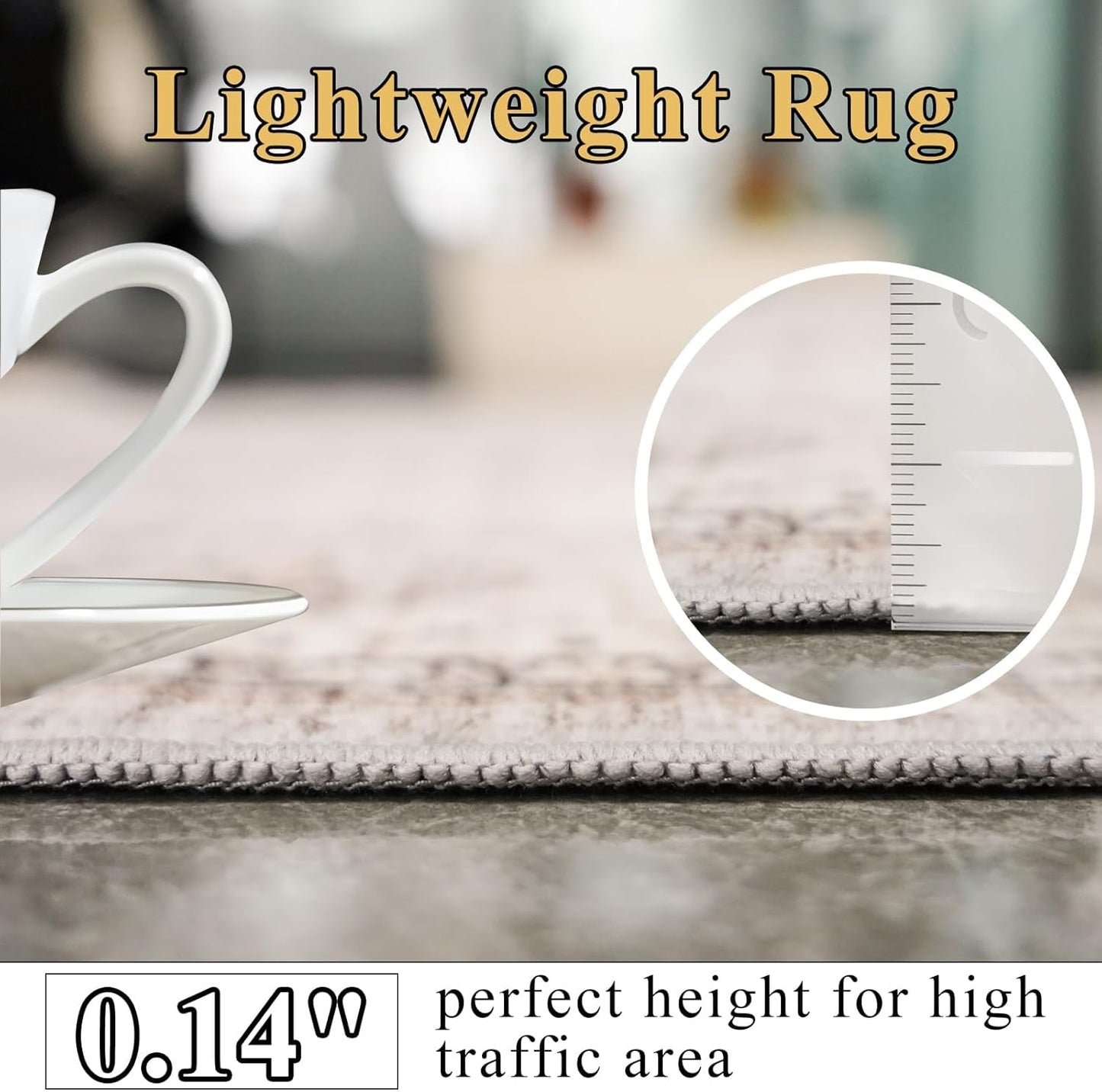 5x5 Area Rug Washable Living Room Rugs: 5ft Square Ultra Thin Soft Oriental Area Rugs Non-Slip Backing Farmhouse Rug Low Pile Thin Stain Resistant Indoor Carpets, 5' x 5' Beige