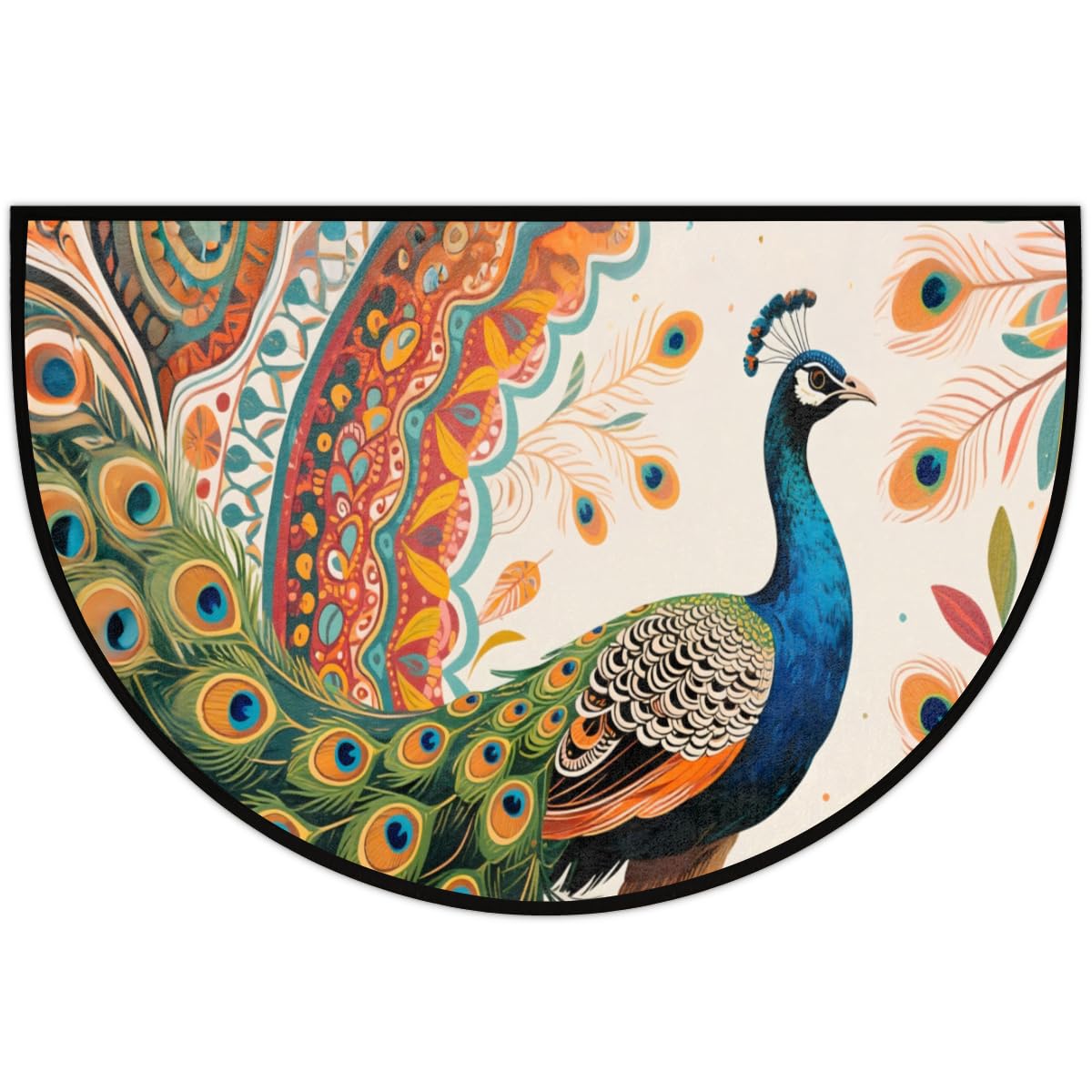 Half Round Decorative Area Rug Hand-Painted Peacock (005) Semi-Circle Floor Mat
