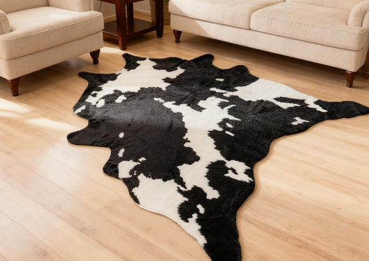 Faux Cowhide Rug Cow Print Area Rug for Living Room Bedroom Soft Faux Fur Animal Print Skin Western Boho Decor Natural Pattern Hide Carpet with No-Slip Floor Mat (5.2ft x 7.2ft)