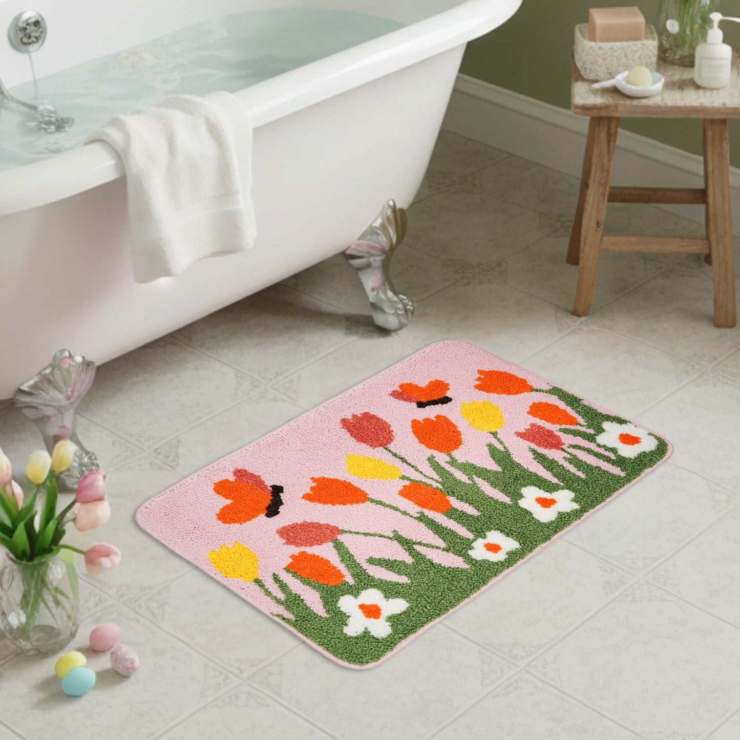 QIONG MENG Spring Bath Mat Flower Bathroom Rug Tulips Home Decor Indoor Bathroom Mat Doormats 17 x 27 Inch for Tub Home Living Room